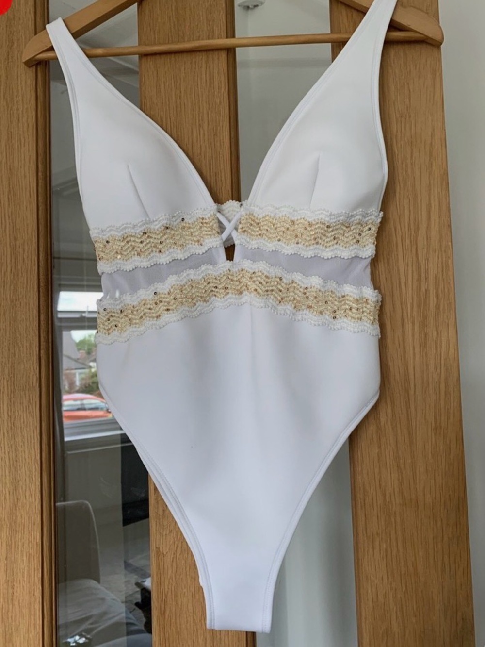 River island white embroidered Gold cut out swimsuit